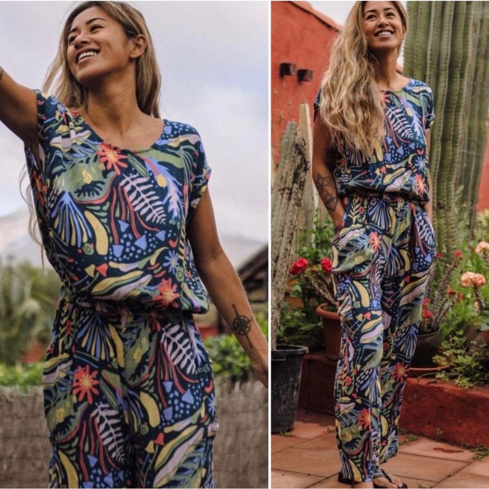 Woven Tropical Print Navy Jumpsuit